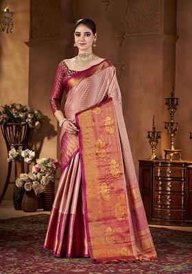 Peach Embroidered Blended Saree Set