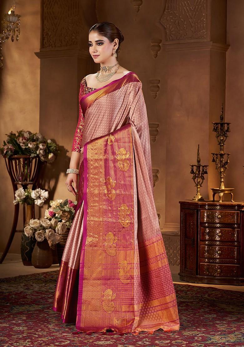 Peach Embroidered Blended Saree Set - Indya