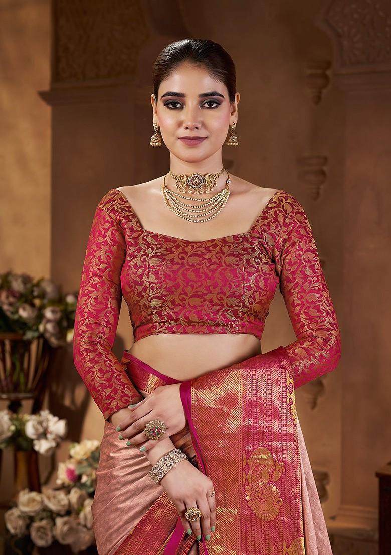 Peach Embroidered Blended Saree Set - Indya