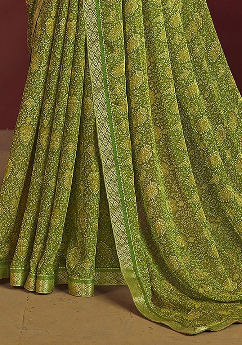 Green Printed Blended Saree Set - Indya