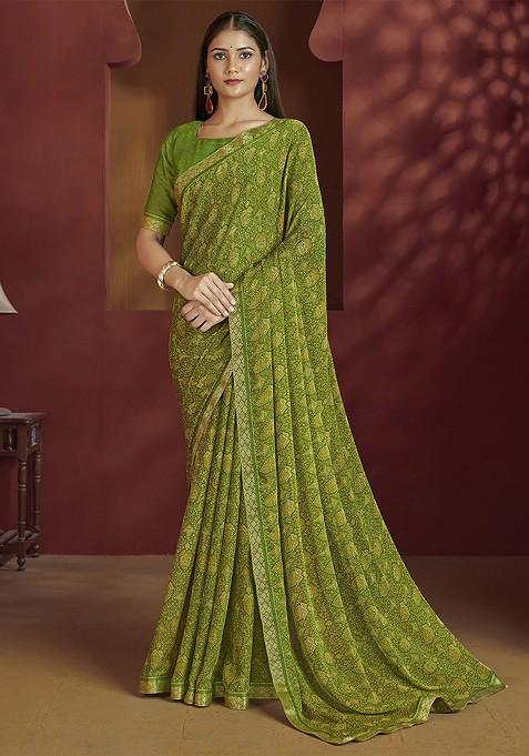 Green Printed Blended Saree Set