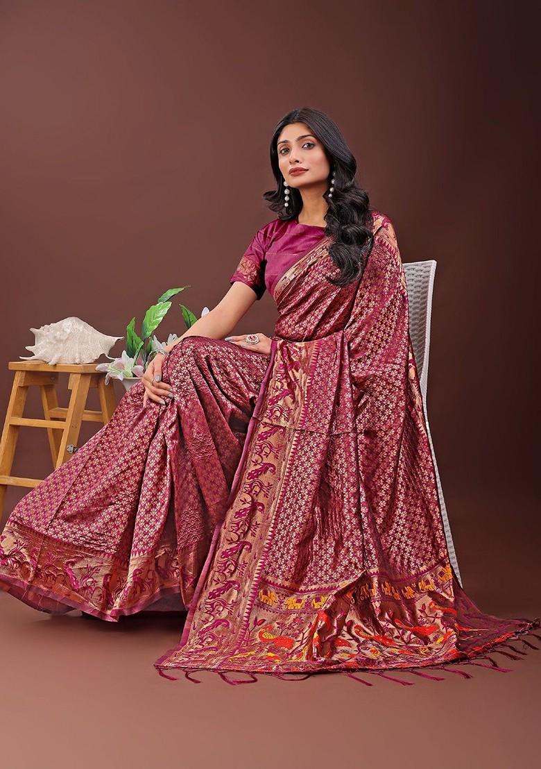 Magenta Printed Blended Saree Set - Indya