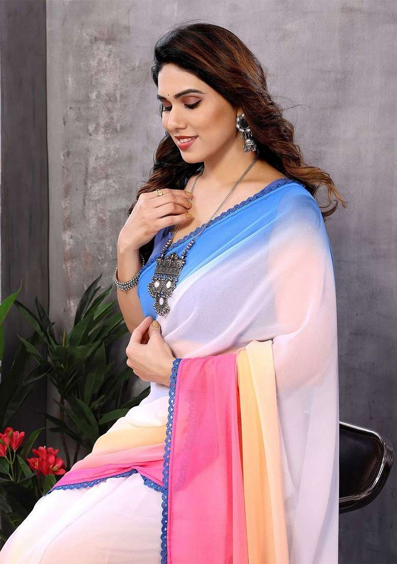 White Blended Saree Set with Embroidered for Diwali | Wedding & Festive Wear - Indya