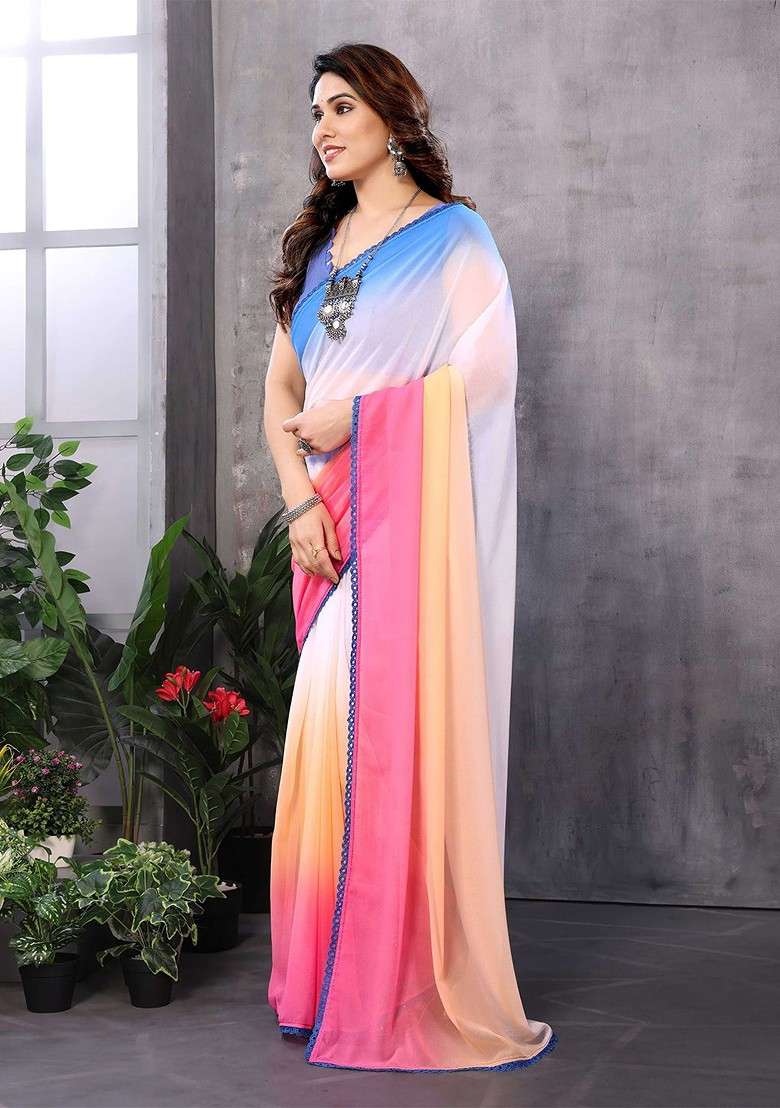 White Blended Saree Set with Embroidered for Diwali | Wedding & Festive Wear - Indya