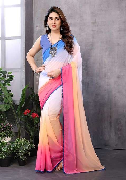 White Blended Saree Set with Embroidered for Diwali | Wedding & Festive Wear