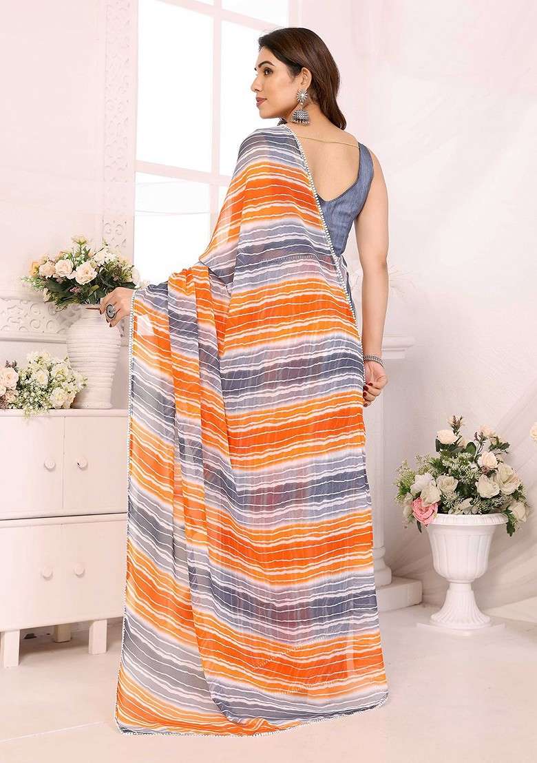 Orange Printed Blended Saree Set for Diwali and Festive Wear - Indya