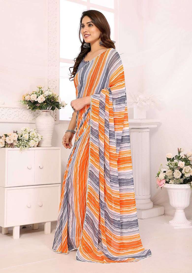 Orange Printed Blended Saree Set for Diwali and Festive Wear - Indya