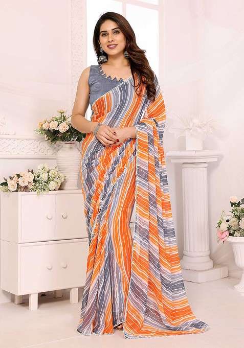 Orange Printed Blended Saree Set for Diwali and Festive Wear