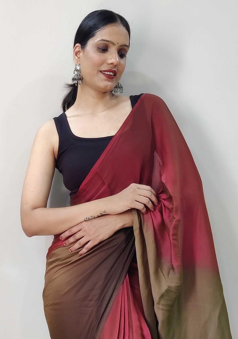 Red Embroidered Blended Saree Set - Indya