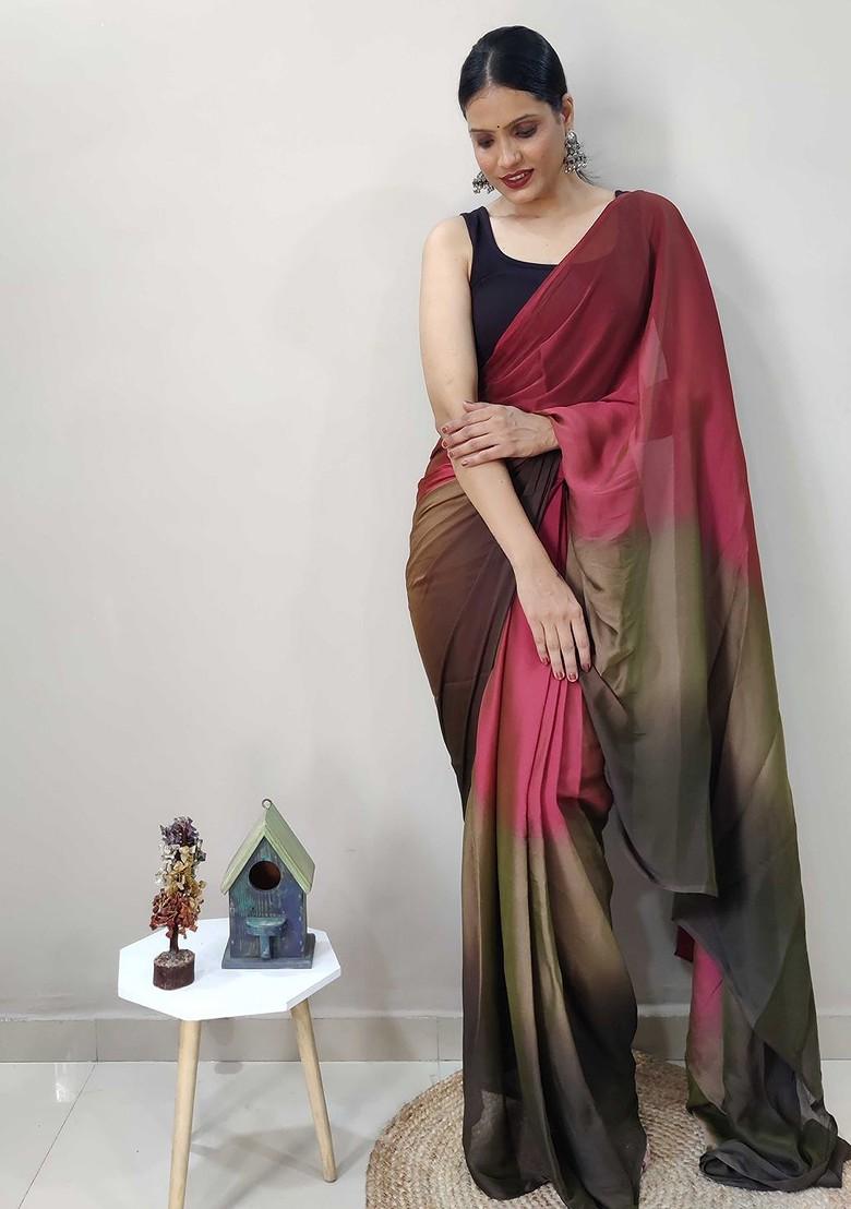 Red Embroidered Blended Saree Set - Indya