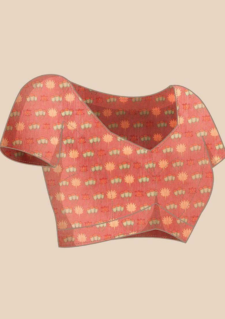 Orange Embroidered Blended Saree Set - Indya