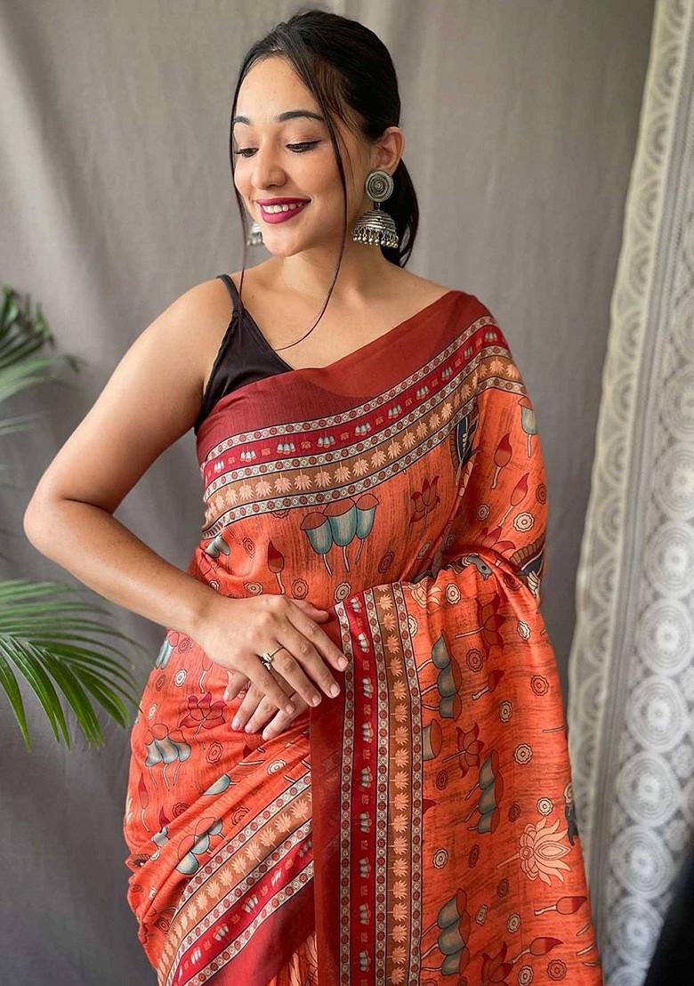 Orange Embroidered Blended Saree Set - Indya