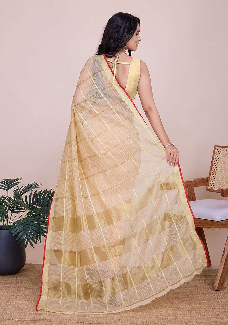 Cream Embroidered Blended Saree Set - Indya