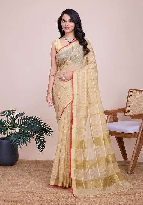 Cream Blended Saree Set with Embroidered for Diwali | Wedding & Festive Wear