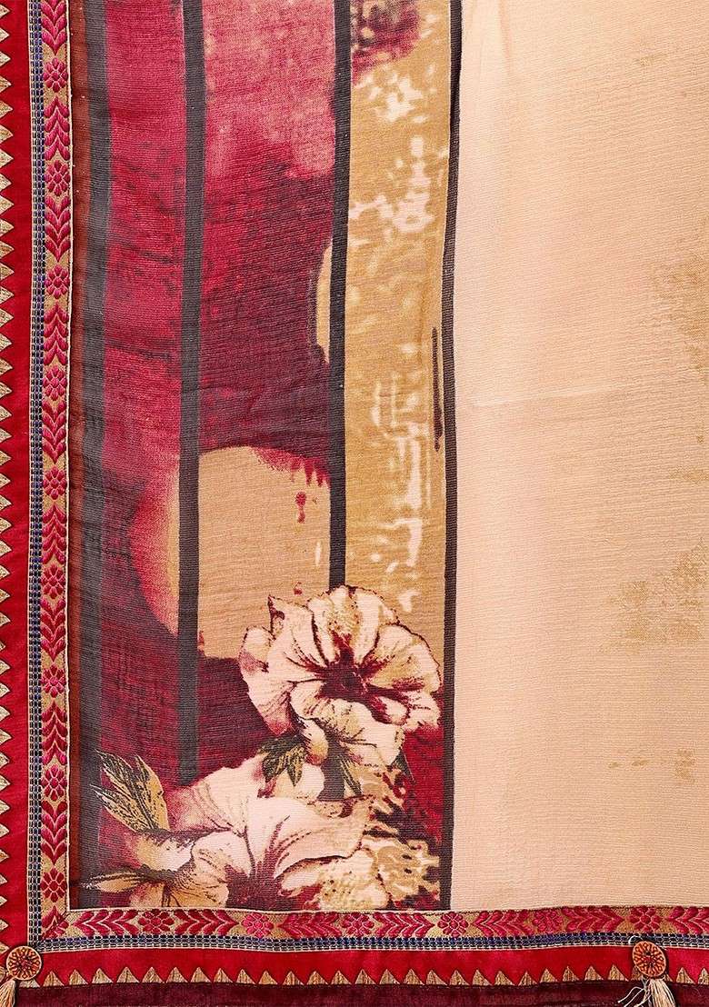 Beige Embroidered Blended Saree Set - Indya