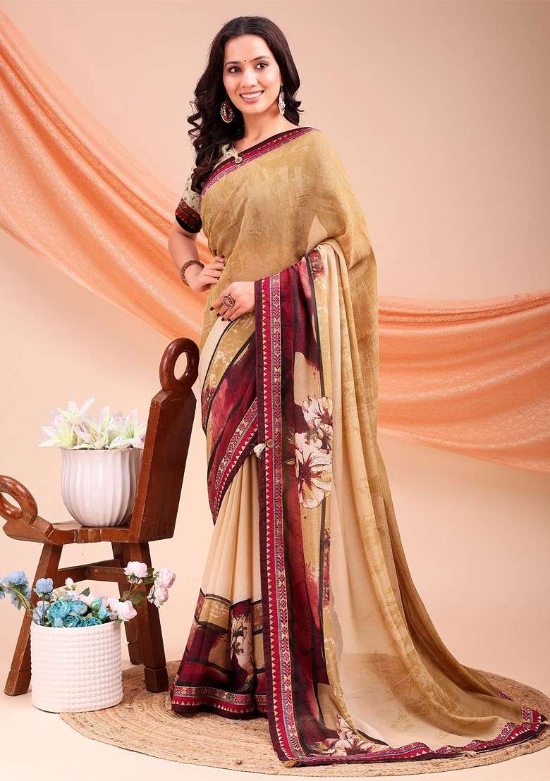 Beige Embroidered Blended Saree Set - Indya