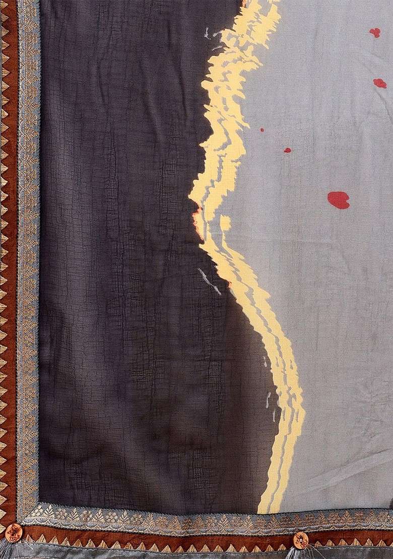 Grey Blended Saree Set with Embroidered for Diwali | Wedding & Festive Wear - Indya