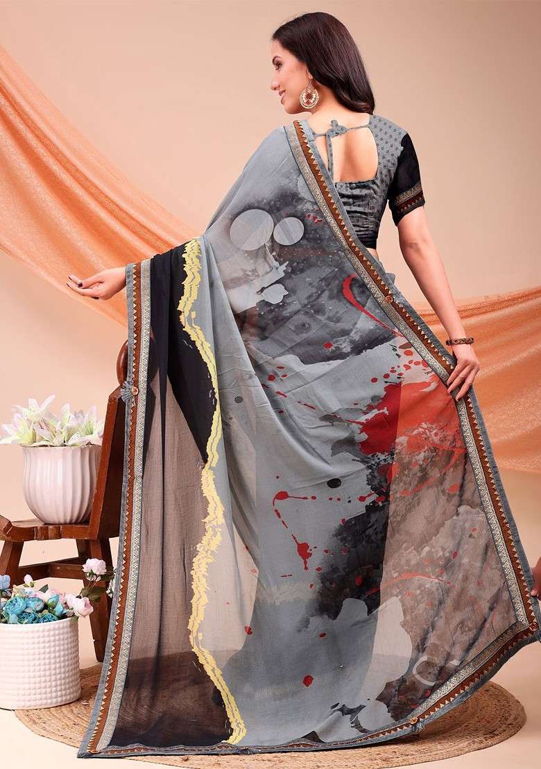 Grey Blended Saree Set with Embroidered for Diwali | Wedding & Festive Wear - Indya