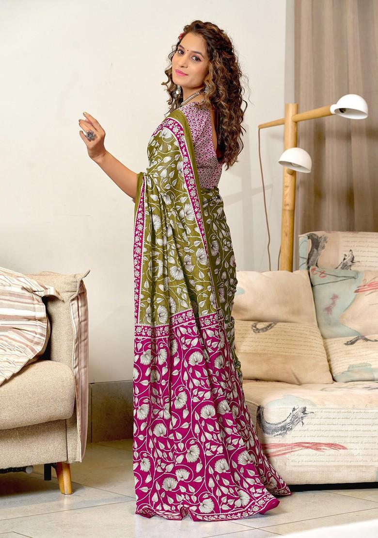 Green Embroidered Blended Saree Set
