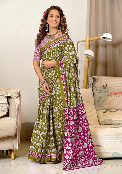 Green Embroidered Blended Saree Set