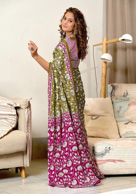 Green Embroidered Blended Saree Set