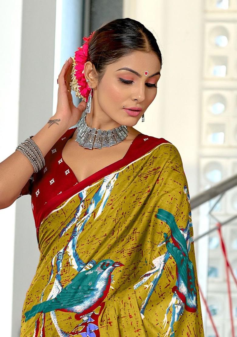 Olive Embroidered Blended Saree Set - Indya