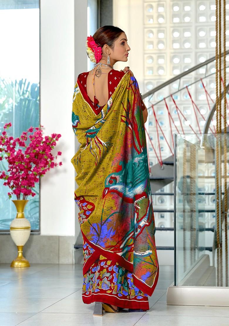 Olive Embroidered Blended Saree Set - Indya