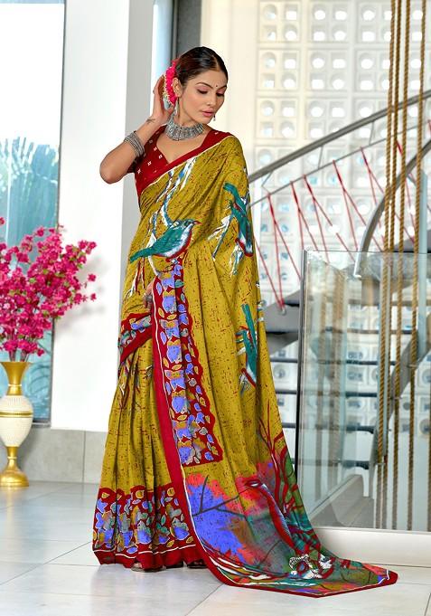 Olive Embroidered Blended Saree Set