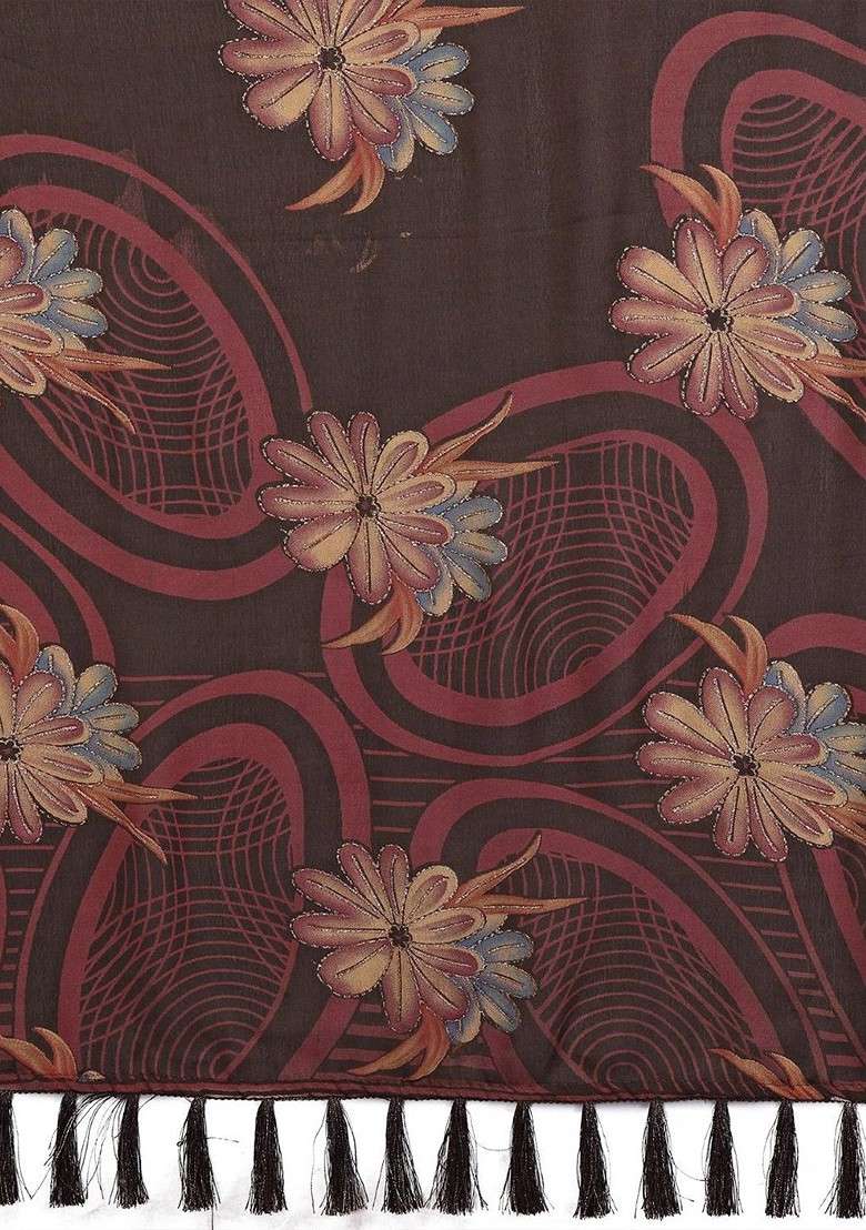 Brown Blended Saree Set with Embroidered for Diwali | Wedding & Festive Wear - Indya