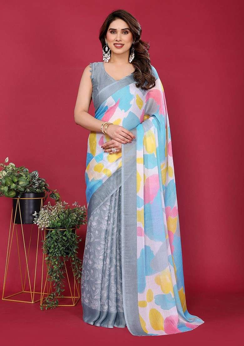 Grey Embroidered Blended Saree Set for Diwali and Festive Wear - Indya
