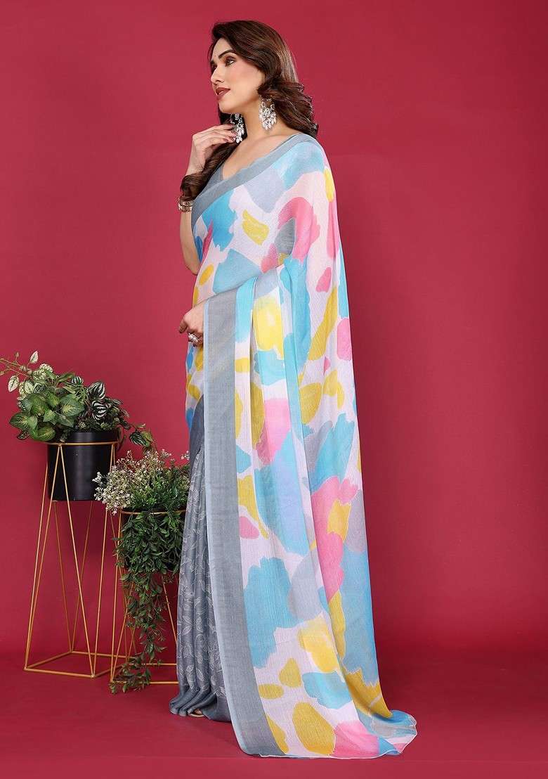 Grey Embroidered Blended Saree Set for Diwali and Festive Wear - Indya