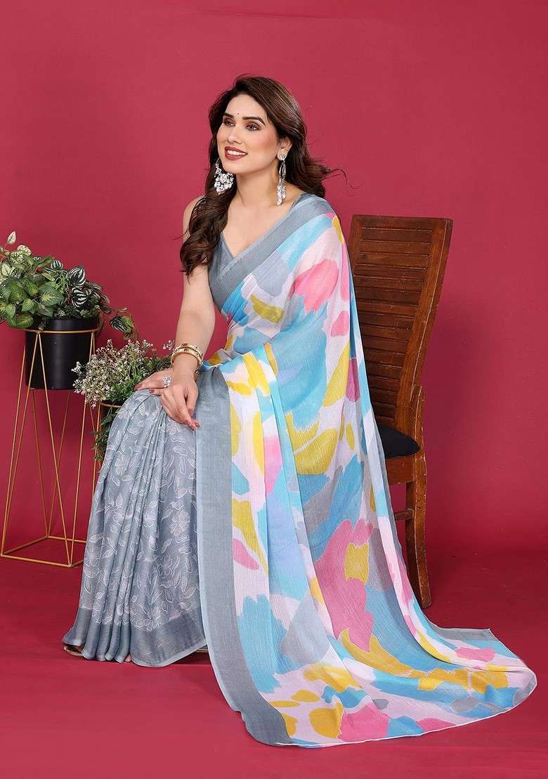 Grey Embroidered Blended Saree Set for Diwali and Festive Wear - Indya
