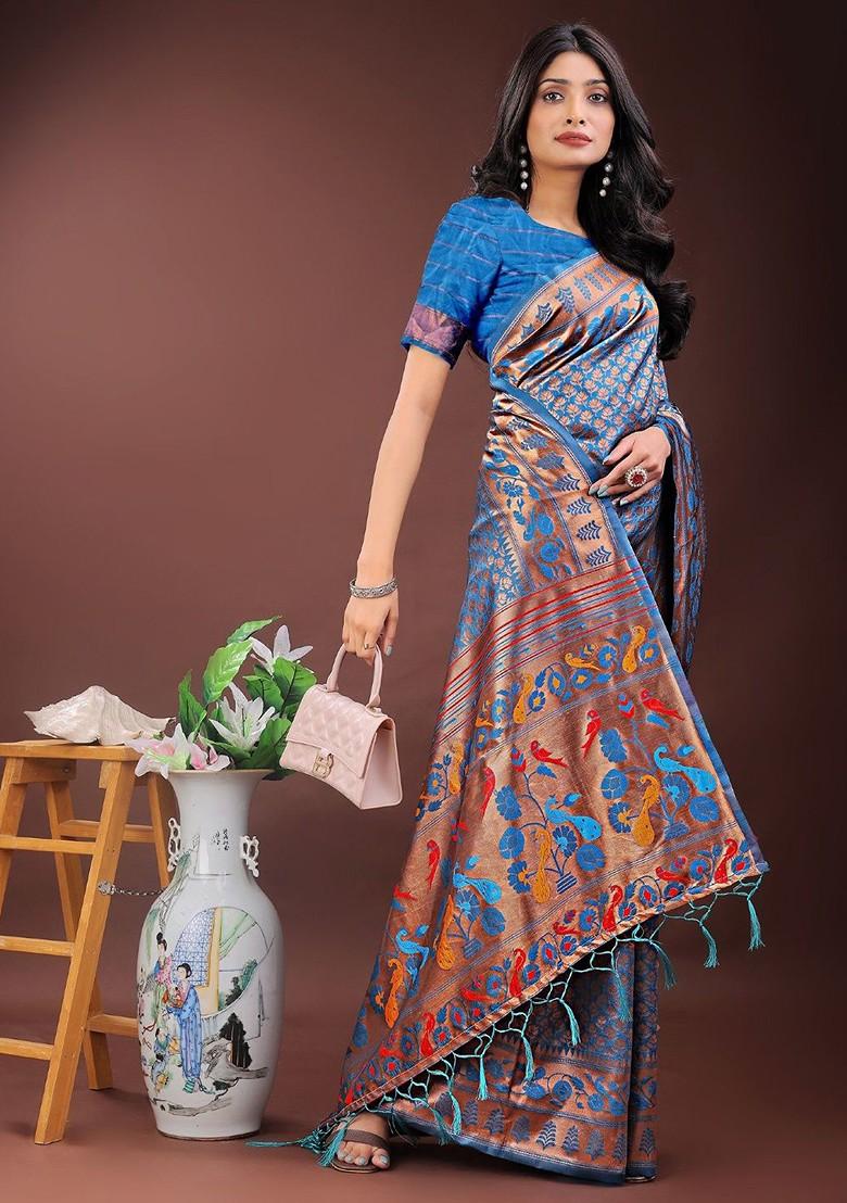 Blue Embroidered Blended Saree Set