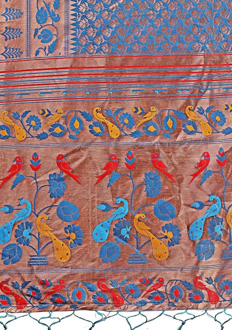 Blue Embroidered Blended Saree Set