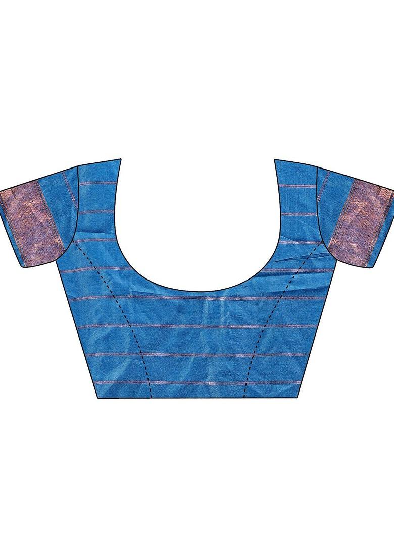 Blue Embroidered Blended Saree Set