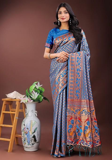 Blue Embroidered Blended Saree Set