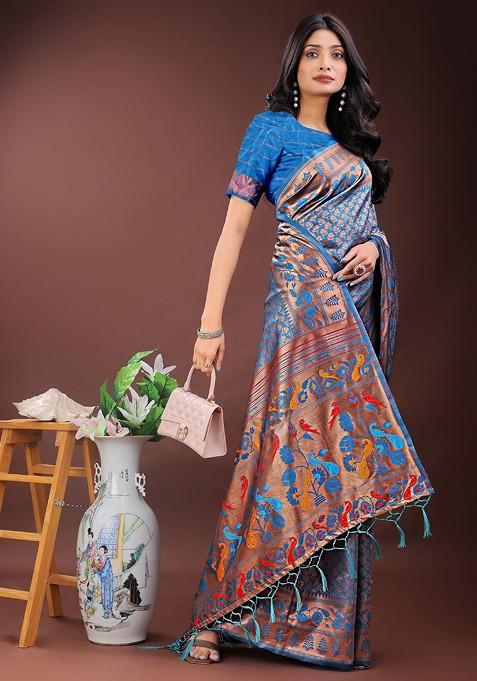 Blue Embroidered Blended Saree Set