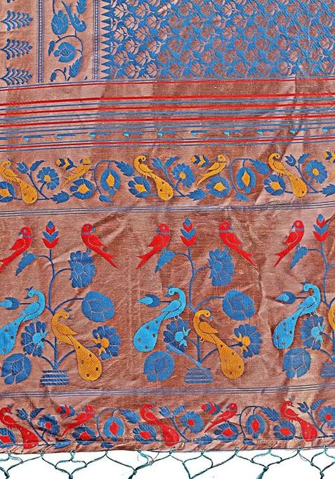 Blue Embroidered Blended Saree Set