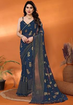 Teal Embroidered Blended Saree Set