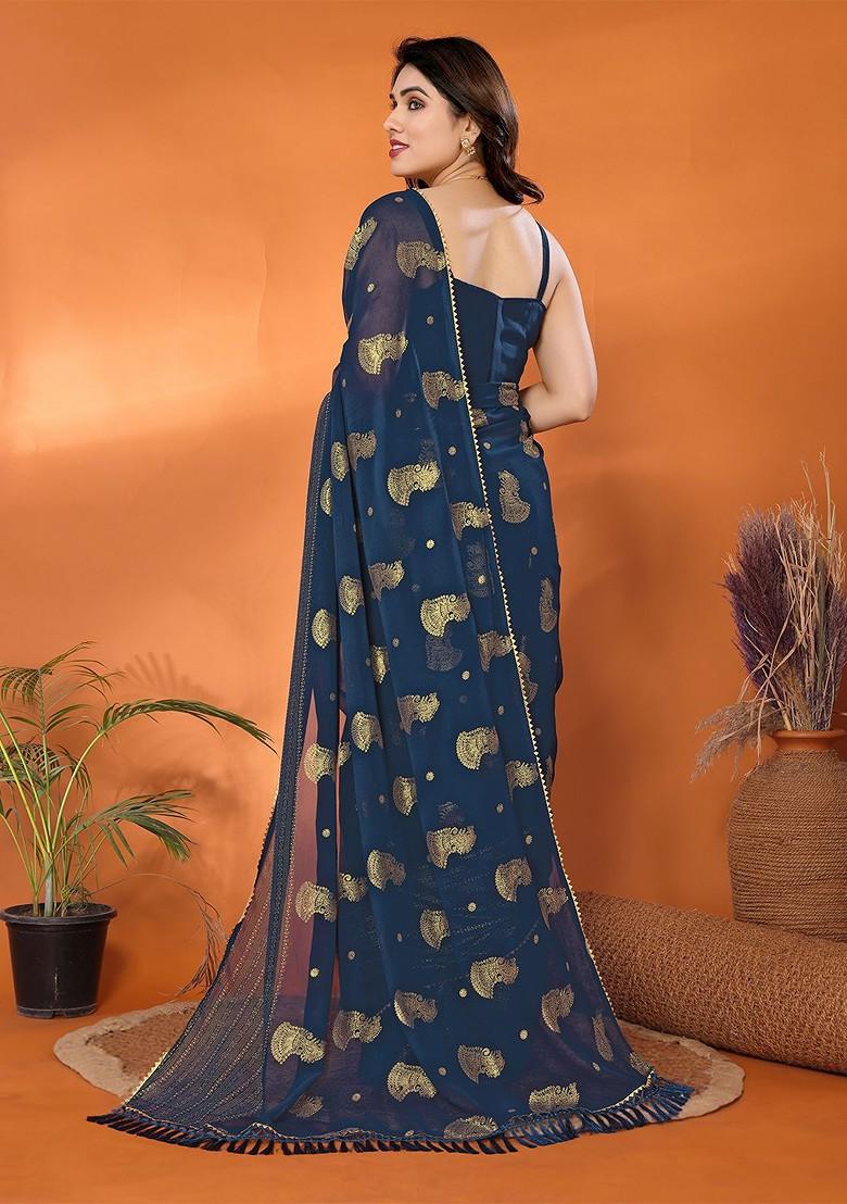 Teal Embroidered Blended Saree Set - Indya