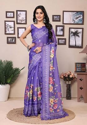 Purple Embroidered Blended Saree Set