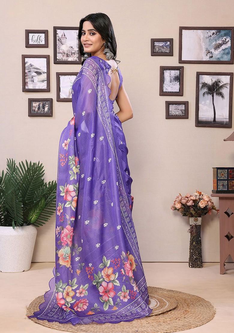 Purple Embroidered Blended Saree Set - Indya