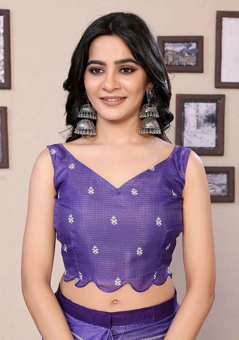 Purple Embroidered Blended Saree Set - Indya