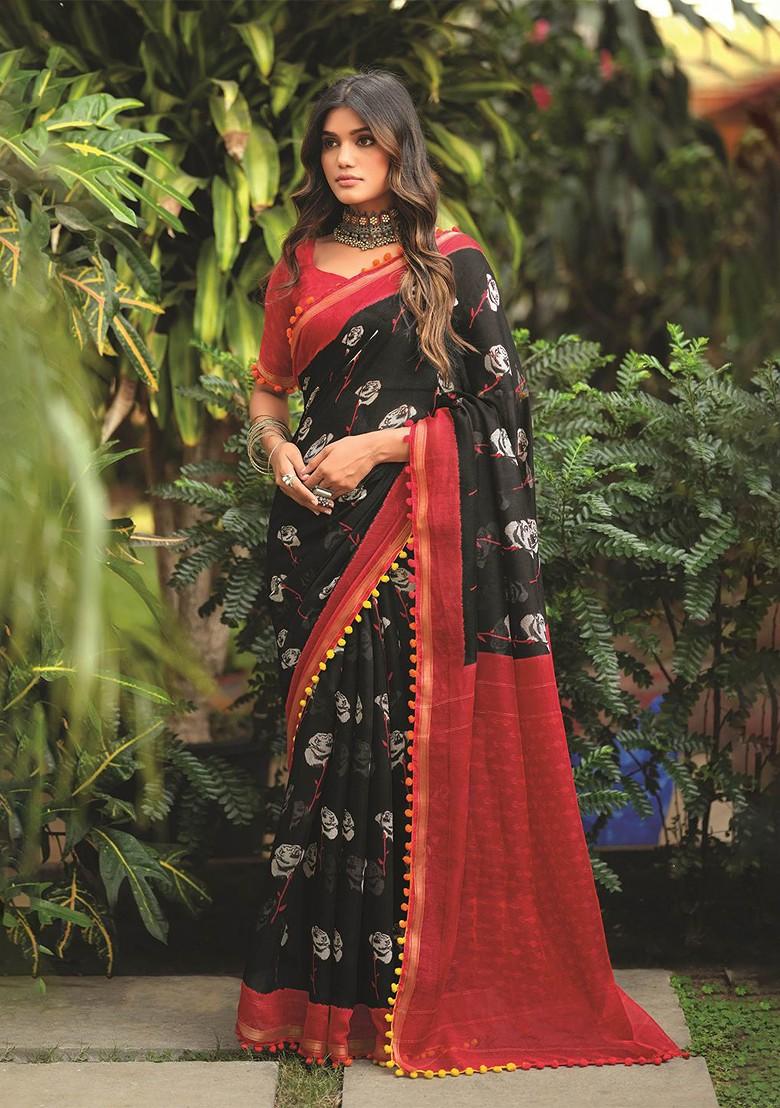 Black Embroidered Blended Saree Set - Indya