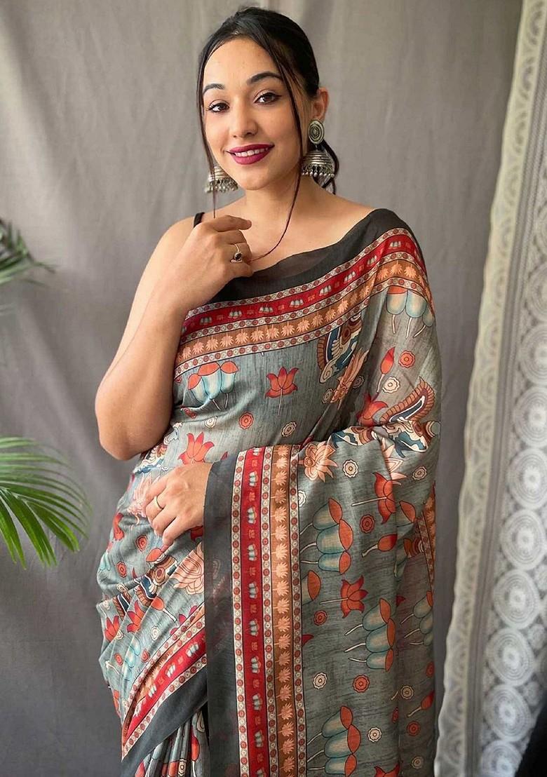 Green Embroidered Blended Saree Set - Indya