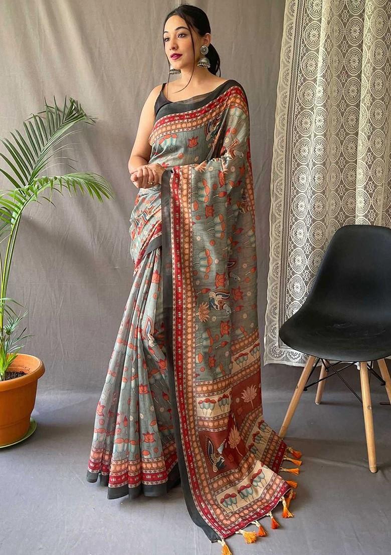 Green Embroidered Blended Saree Set - Indya