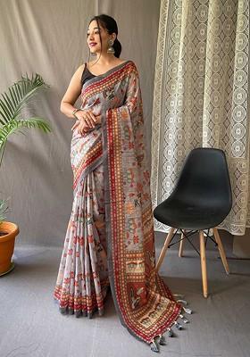 Grey Embroidered Blended Saree Set