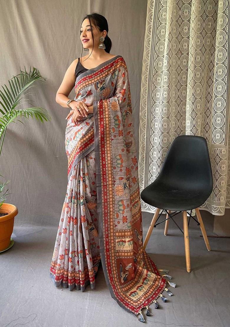 Grey Embroidered Blended Saree Set - Indya