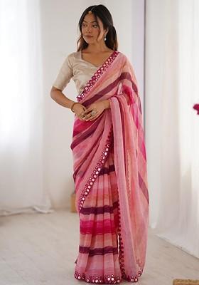 Pink Embroidered Blended Saree Set