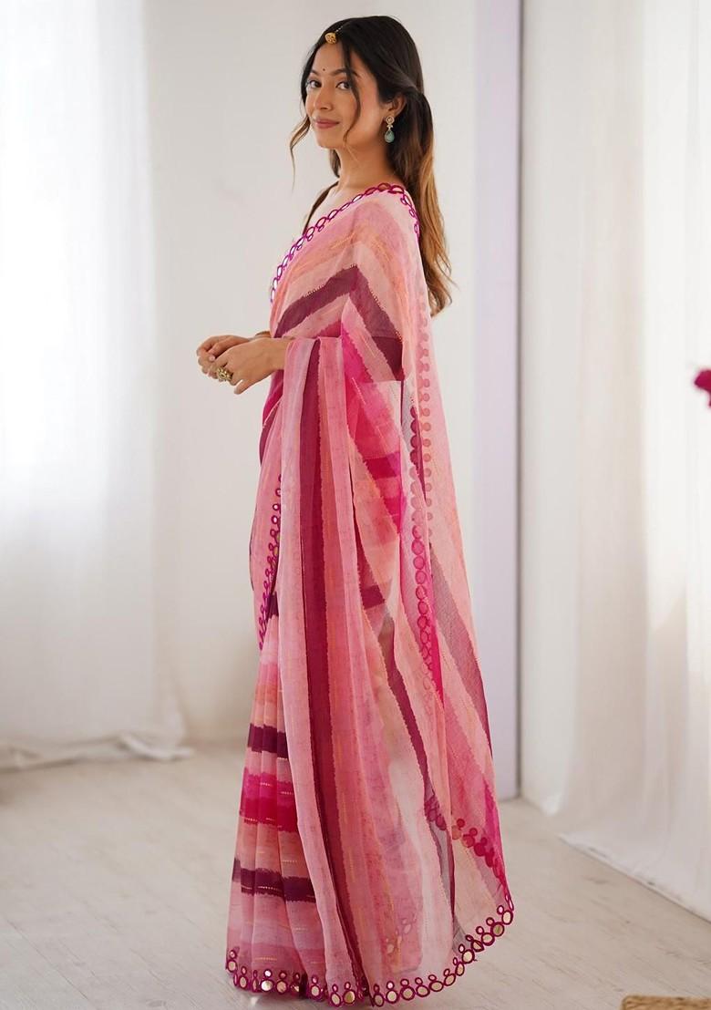 Pink Embroidered Blended Saree Set - Indya